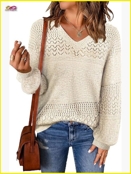 Sweaters - V-Neck Cable Knit Pullover Sweater Lightweight Crochet Loose Fit Casual Chic